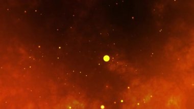 Parlayan altın parçacıkları ile soyut destansı ateş arka planında yıldızlar dalga hareket döngüsü kıvılcımları oluşturuyor