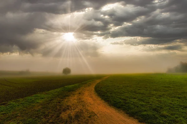 Paisaje rural, amanecer brumoso con rayos de sol rompiendo las nubes —  Fotos de Stock