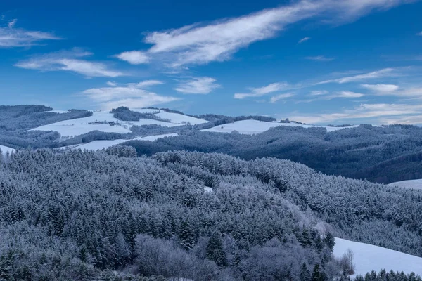 Зимняя панорама заснеженной сельской местности, деревьев, леса, долины, голубого неба — стоковое фото