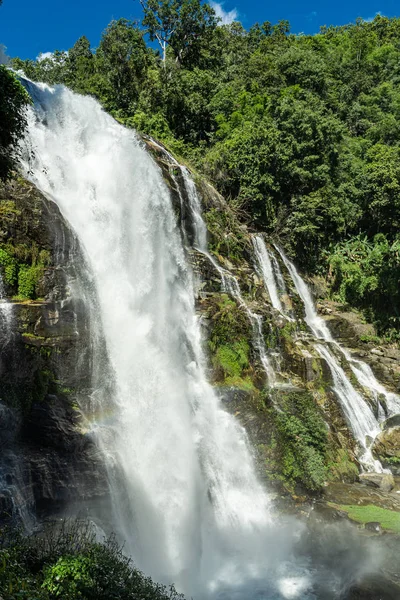 Vertical photo of a waterfall with rocks in the middle of the jungle