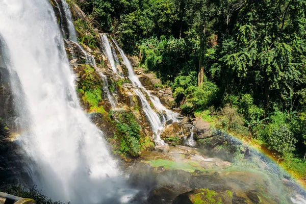 Water falling on the rocks of a waterfall in the middle of the jungle. Trekking and travel concept