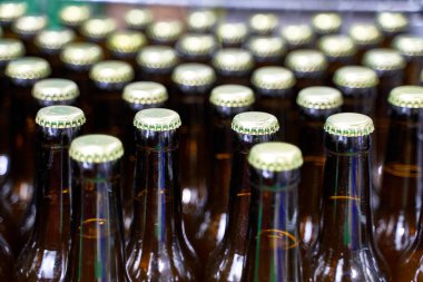 Bira fabrikasındaki bir grup kapaklı bira şişesinin tepesine odaklan.