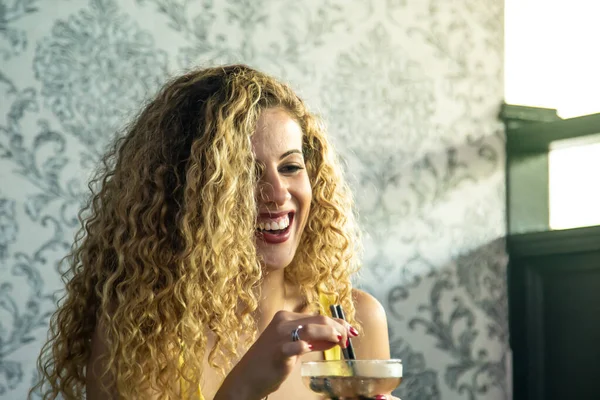 Woman Curly Hair Yellow Dress Red Painted Lips Laughing Cocktail — Stock Photo, Image