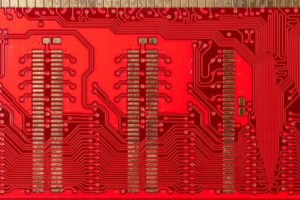 Microcircuito rojo de memoria de acceso aleatorio de computadora antigua desde el lado superior, vista superior — Foto de Stock