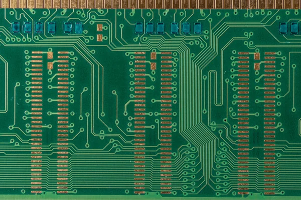 Green microcircuit of old computer random access memory from top side, top view