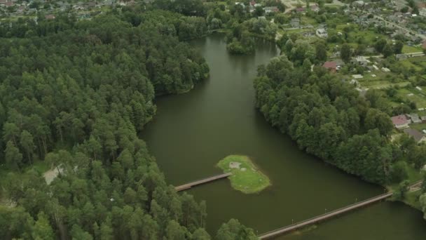 飞越松林中的一个城市湖泊和一个有一座桥的岛屿 — 图库视频影像
