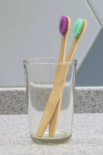 Bamboo Eco Toothbrushes Multicolored Bright Bristles Glass Bathroom — Stock Photo, Image