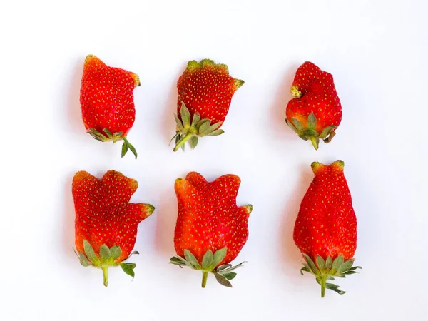 Comida fea: seis fresas sobre un fondo blanco — Foto de Stock