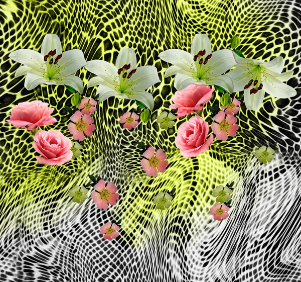 Mélange de fleurs motif serpent fond — Photo