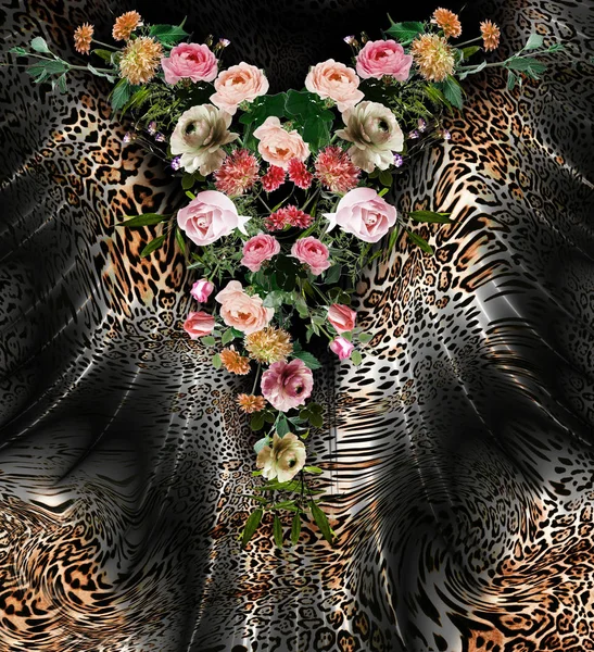 Blomma mix leopard mönster bakgrund — Stockfoto