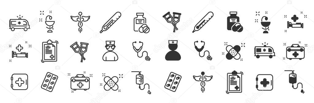Line icons set of hospital and medical care.  medicine and health with elements for mobile concepts and web apps.