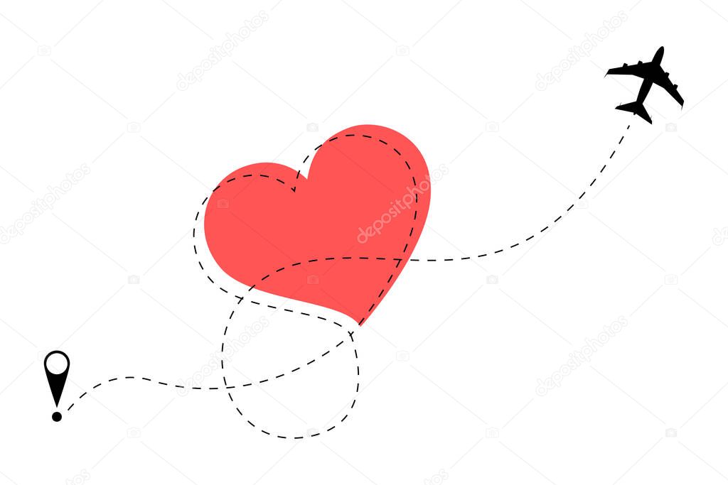 Airplane route in heart shape. 