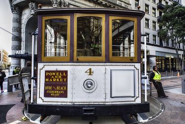 San Francisco: a driver turns a cable car on January 1, 2017. The Powell-Hyde line runs from a terminal at Powell and Market Streets. The city has the the world's last manually operated cable car syste clipart