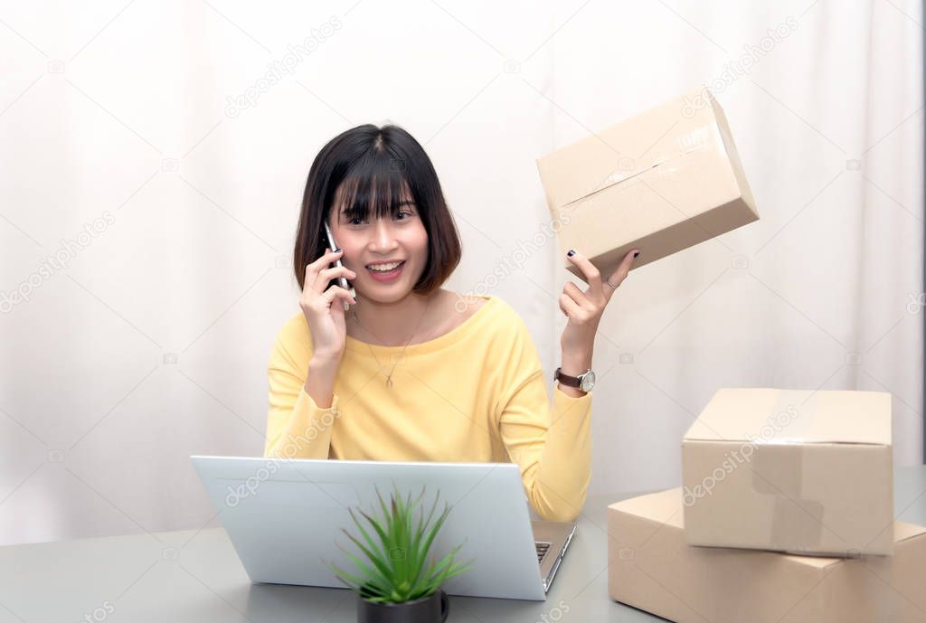 beautiful woman owner in delivery startup service Postal box, ex