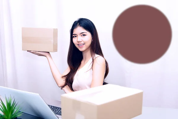beautiful woman owner in delivery startup service Postal box, ex