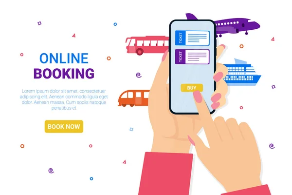 Booking ticket online concept hand and mobile — 스톡 벡터