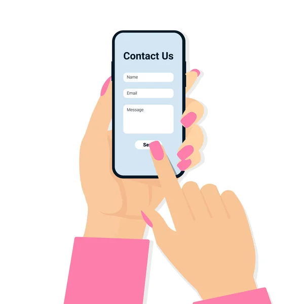 Contact us woman hand and phone — 스톡 벡터
