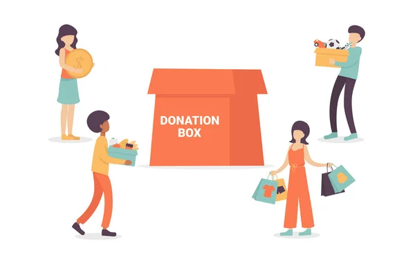 Caixa de doação, volonteers pessoas com caixas — Vetor de Stock