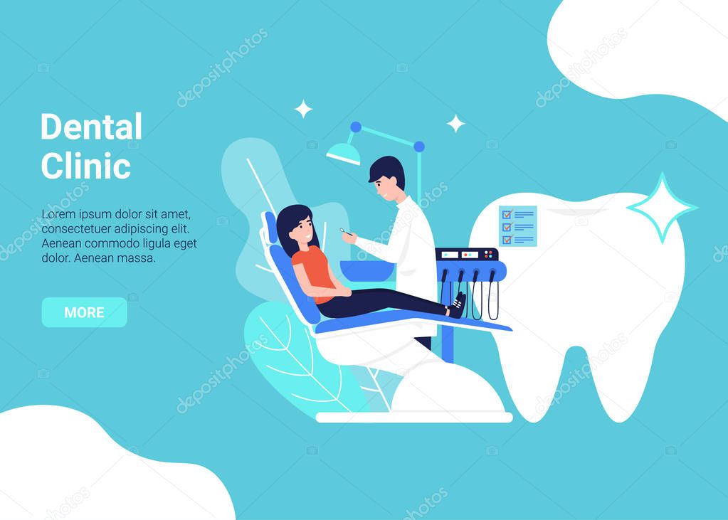 dental clinic banner, doctor man and patient woman