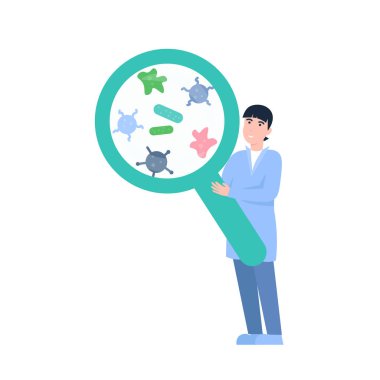 doctor with bacteria and virus through magnifying glass