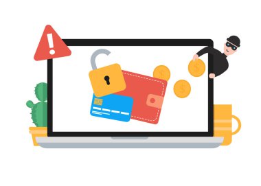 Hacker, çanta ve kredi kartı ile virüs bilgisayar kavramı