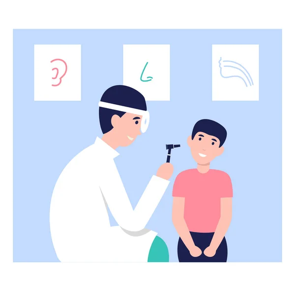 Doctor examines a child s ear with an otoscope — Stok Vektör