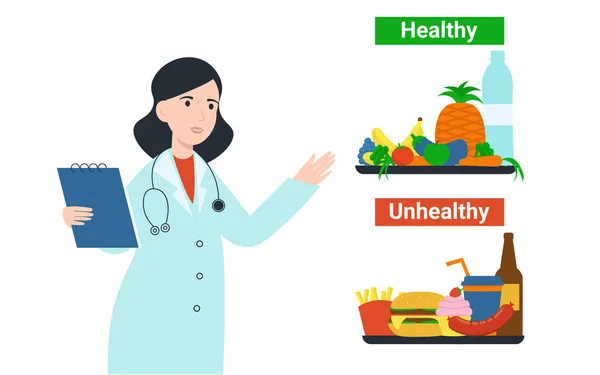 Dietolog mujer con portapapeles, alimentos saludables y poco saludables — Vector de stock