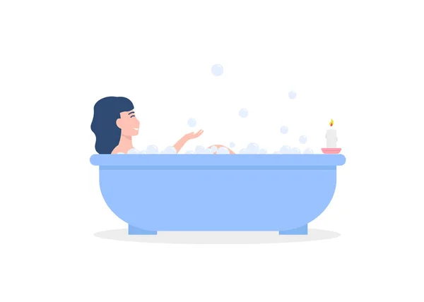 Κορίτσι στο μπάνιο πιάνει σαπουνόφουσκες — Διανυσματικό Αρχείο