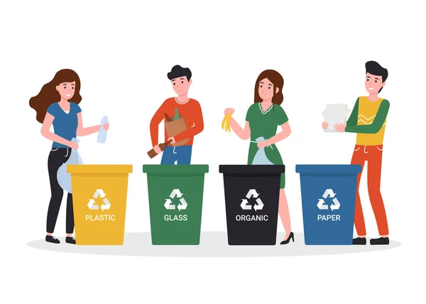 People sorting rubbish in garbage containers — Stock Vector