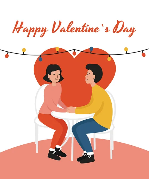 Día de San Valentín. chica y chico en café cogido de la mano — Archivo Imágenes Vectoriales