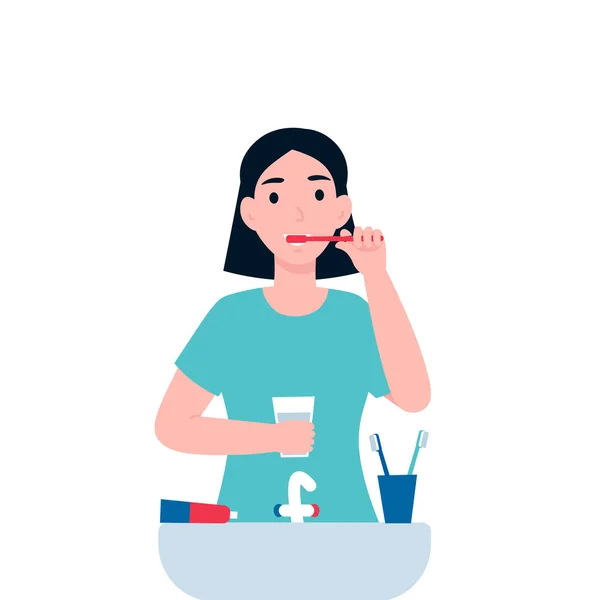 Femme se brosse les dents près de l'évier isolé — Image vectorielle