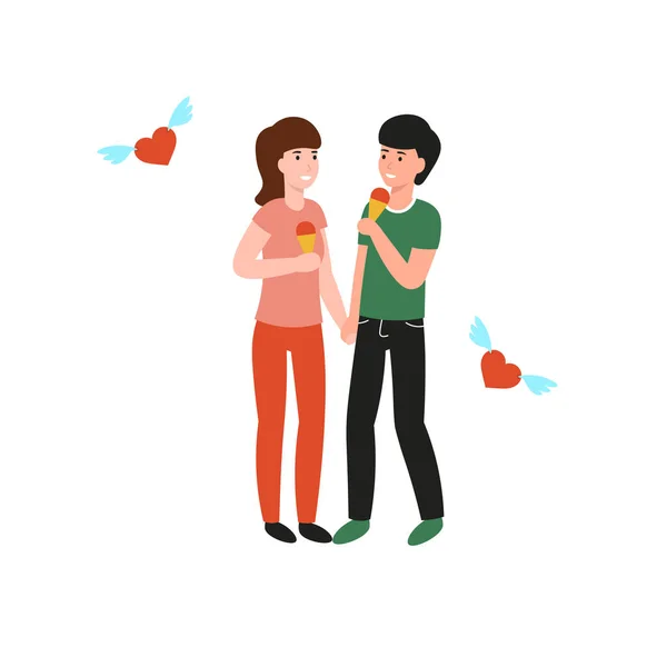 Jeune couple mangeant de la crème glacée et se tenant la main — Image vectorielle