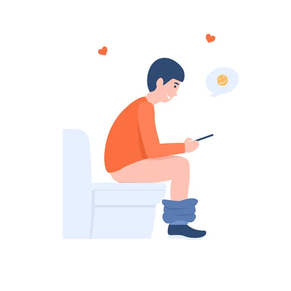 Szczęśliwy facet siedzi na toalecie z telefonem — Wektor stockowy