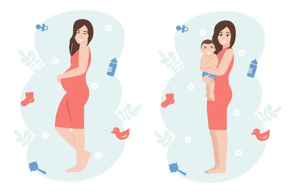 Feliz mujer embarazada y mujer con un hijo — Archivo Imágenes Vectoriales