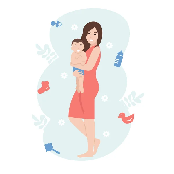 Happy woman with little son in her arms — Stockvector