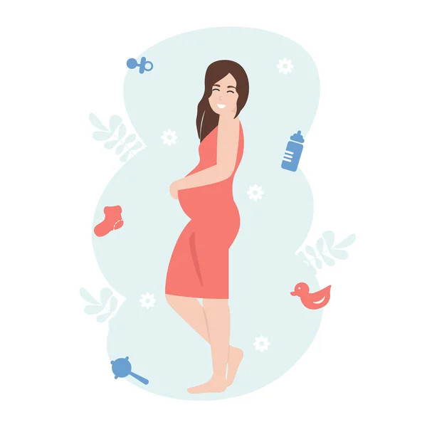 Happy young pregnant woman hugs her belly — Stock vektor