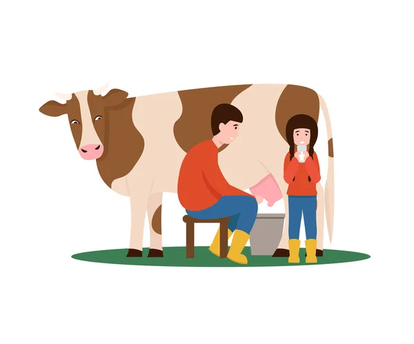 Ο άντρας αρμέγει μια αγελάδα, το κορίτσι πίνει γάλα απομονωμένο — Διανυσματικό Αρχείο