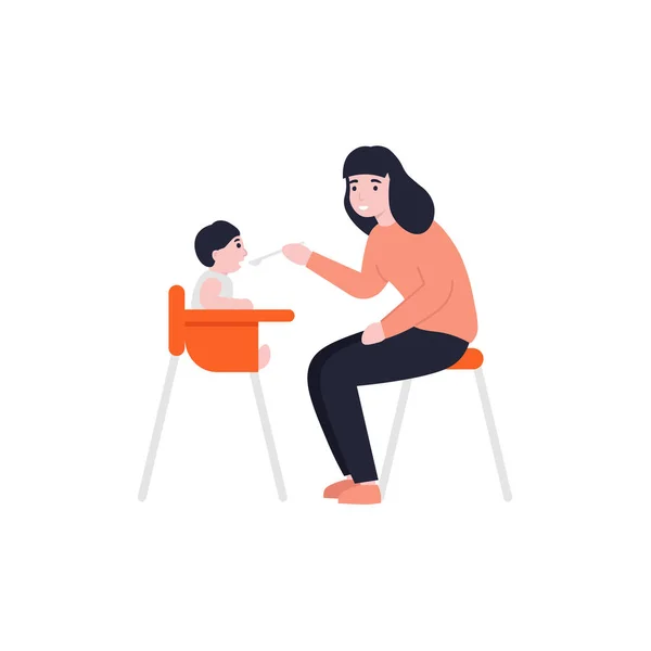 Madre alimentación su pequeño bebé uso cuchara sentado en niños silla — Vector de stock