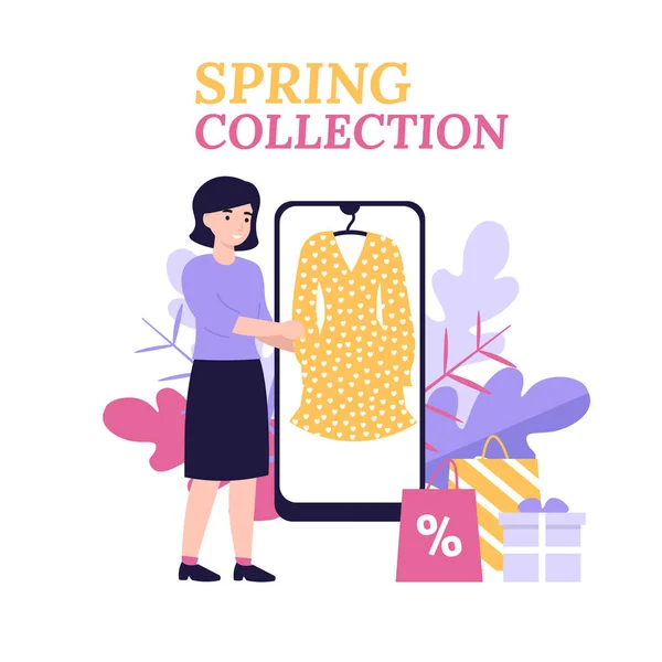 Venta de primavera, vestido de colección y mujer, concepto de teléfono — Vector de stock