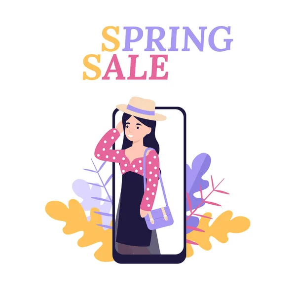 春のセール、バッグ付きの帽子の女の子、電話のコンセプト — ストックベクタ