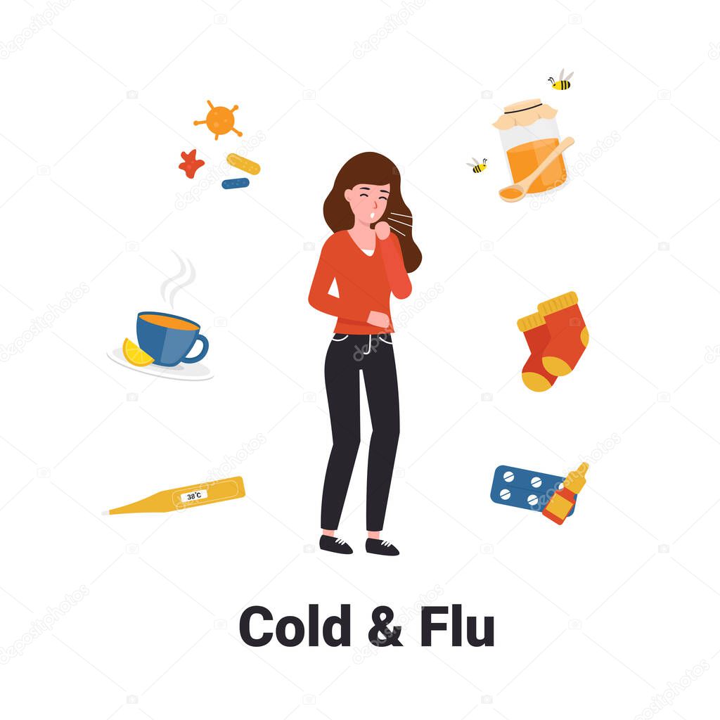 Cold and flu objects, girl coughs