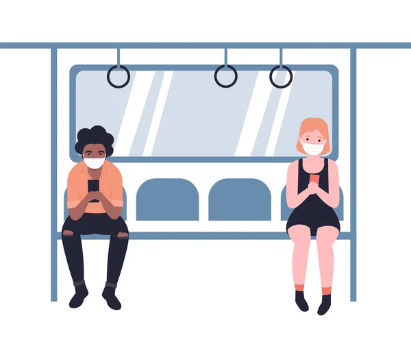 Las Personas Con Máscaras Viajan Metro Metro Autobús Tren Personajes — Vector de stock