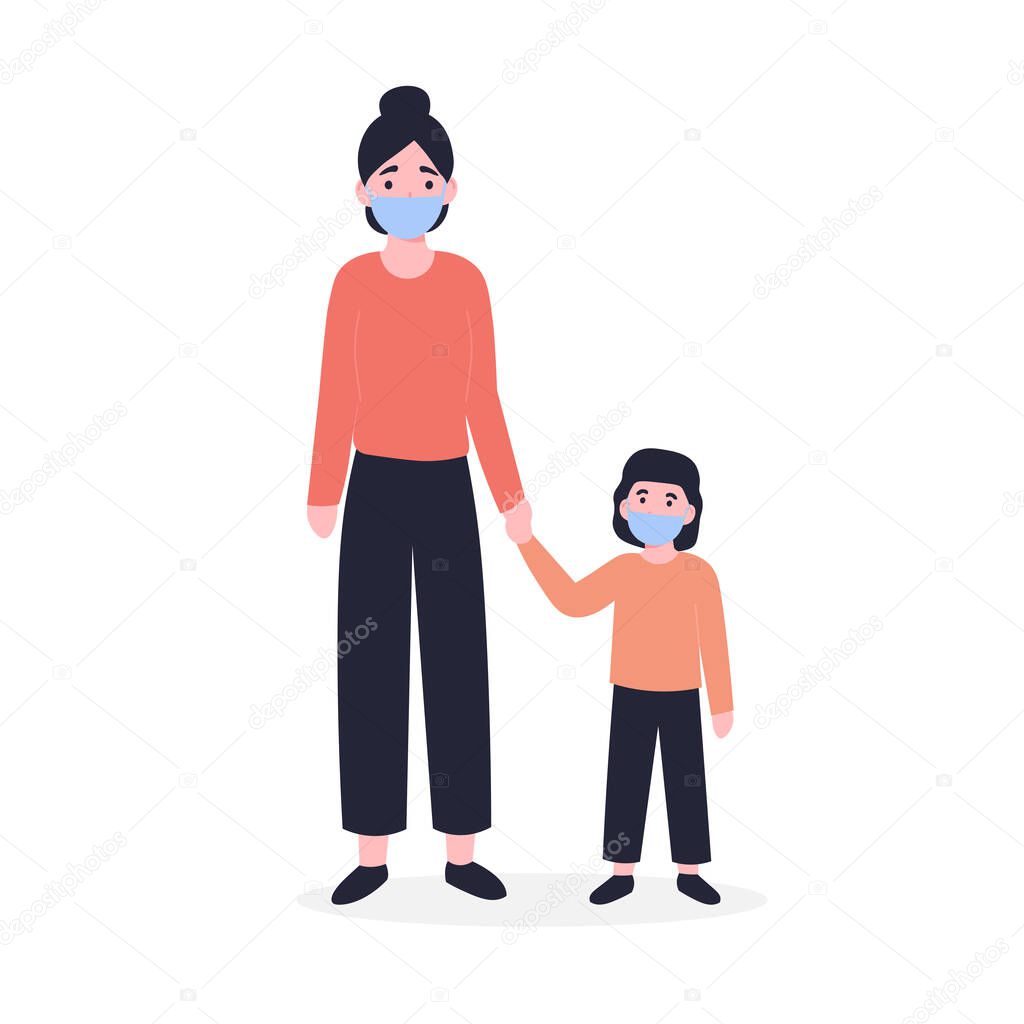 Mother and daughter in the medical masks. 2019-nCoV. Ncov, covid 2019, Coronovirus concept. Novel coronavirus pandemic. Flat vector cartoon modern design illustration.