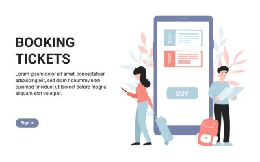 İnternetten bilet ayırtıyorum. Düz vektör modern konsept illüstrasyon web sayfası, afiş, poster, şablon, düzen.