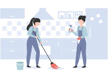 Temizlik hizmeti konsepti profesyonel işçiler. Mutfakta paspas fırçası olan bir kadın. Düz vektör çizgi film modern illüstrasyon.