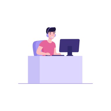 Adam bilgisayar oynuyor. Siber Spor. Esports, eSports, Concept profesyonel oyuncu. Düz vektör modern çizgi film çizimi.