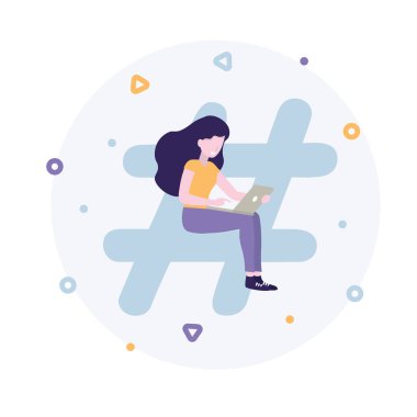 Blogcu ya da vlogger. Sosyal medya ağı için etiket kavramı. Dizüstü bilgisayarı olan kız. Web iniş sayfası, afiş, sosyal medya, poster, uygulama için düz vektör illüstrasyonu.