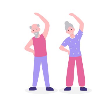 Büyükbabalar sabah spor yapıyor. Yokuş aşağı. Düz vektör çizgi film modern illüstrasyon izole edilmiş beyaz arkaplan.