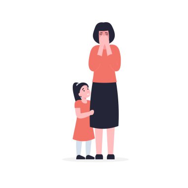 Anne ağlıyor, küçük kız sarılıyor ve annesini sakinleştiriyor. Düz vektör karikatür çizimini kavra. Aile sorunları, iş baskısı, aile içi şiddet, mutsuz evlilik..