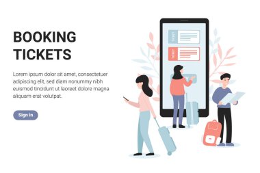 İnternetten bilet ayırtıyorum. Düz vektör modern konsept illüstrasyon web sayfası, afiş, poster, şablon, düzen.
